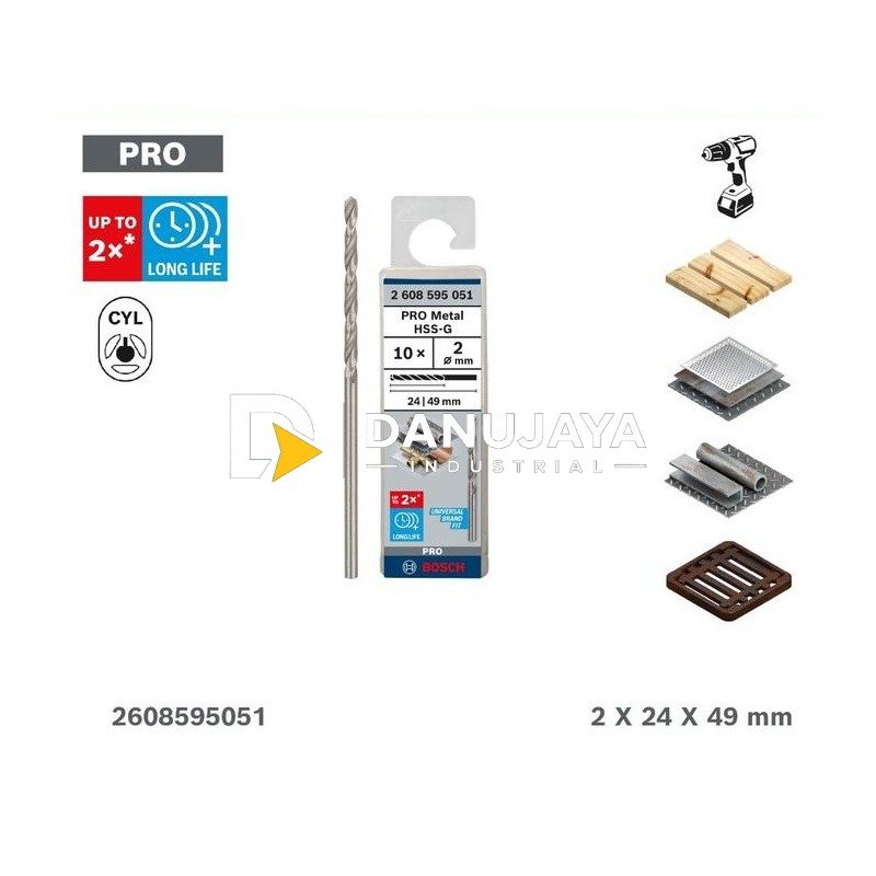 BOSCH Set Mata Bor Besi PRO Metal HSS-G 10 Pcs (2x24x49mm) - Twist Drill Bit Pack | Paket Mata Bor Puntir Ulir Besi Stainless, Cocok untuk Rotary Drill - 2608595051