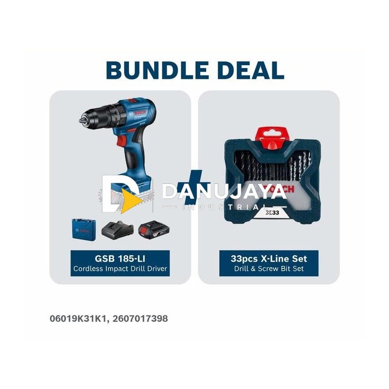 [BUNDLE] BOSCH PRO Mesin Bor Impact Baterai 18V GSB 185-LI + Set Mata Bor Obeng X-Line 33 Pcs | Paket Bor Tanpa Kabel dan Aksesoris - Garansi Resmi - 06019K31K1 2607017398