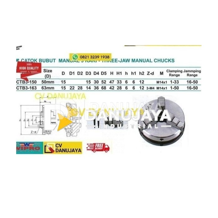 Catok Mesin Bubut Manual 3 Kaki Clamping Range 1-33mm Wipro CTB3-150