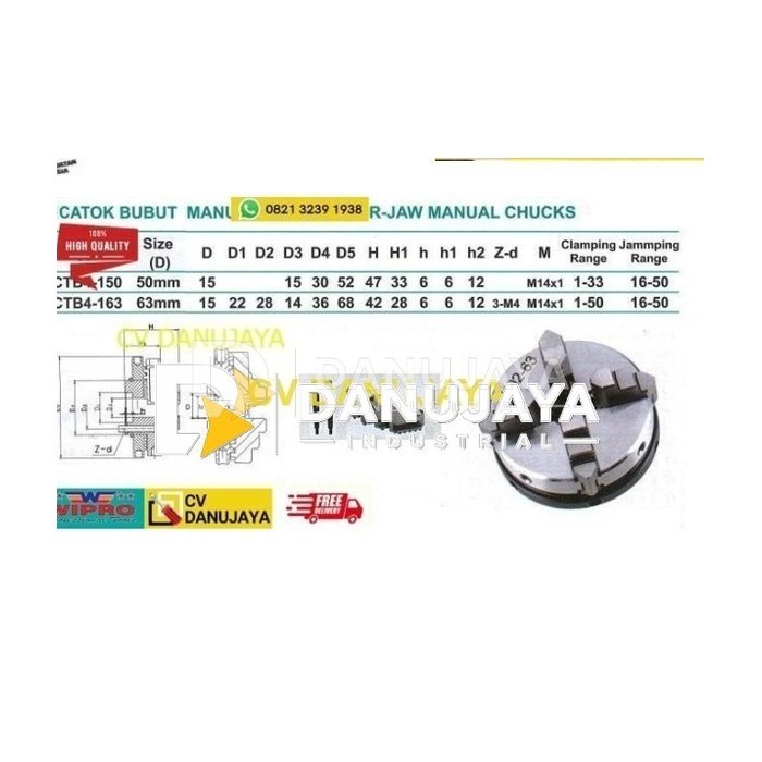 Catok Mesin Bubut Manual 4 Kaki Clamping Range 1-33mm Wipro CTB4-150
