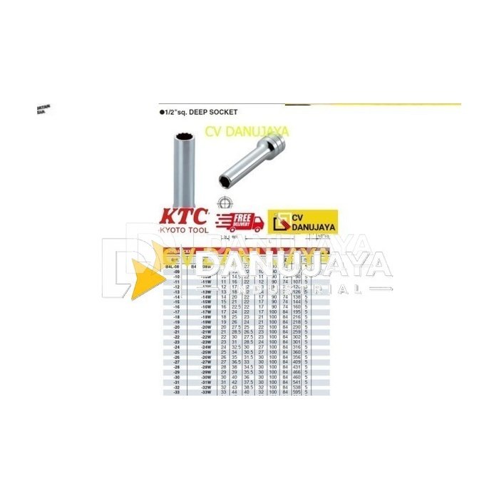 Deep Socket Sock Mata Kunci Chrome Sq. 1/2" 6Pt Size 8mm KTC B4L-08