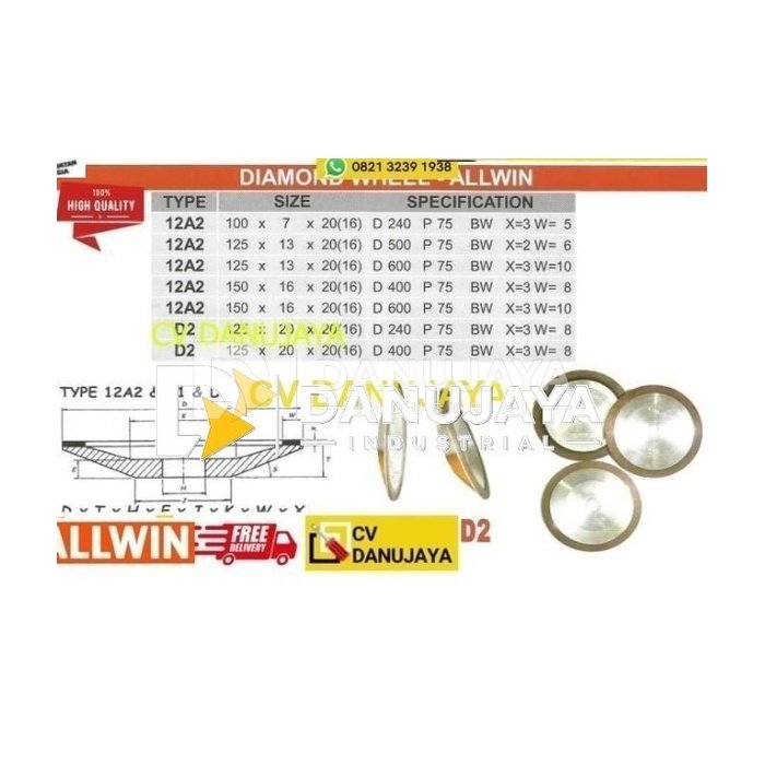 Diamond Wheel Grinding Gerinda Size 100x7x20 D240 P75 - Allwin 12A2