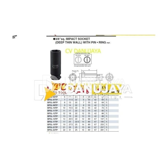 Impact Socket Sock Semi Deep Thin Wall Sq. 3/8" Size 6mm KTC BP3L-06TP