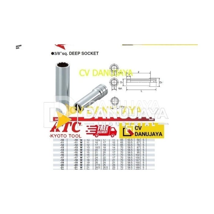 KTC Deep Socket Sock Shock Mata Kunci Chrome Sq. Drive 3/8" 6PT Metric