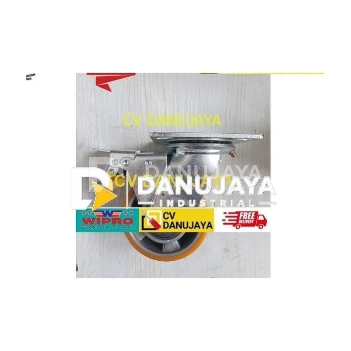 Roda PU Heavy Duty Aluminium Core Swivel + Brake Size 4 Inch Wipro