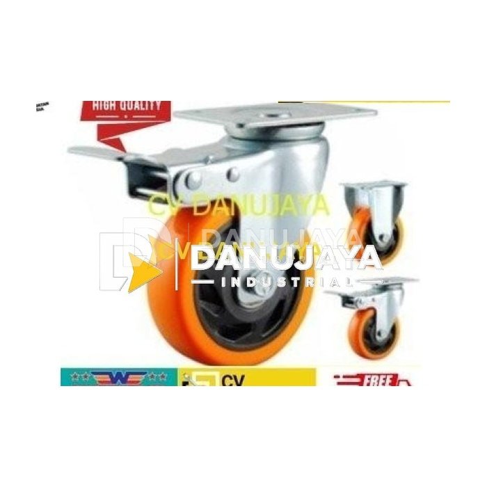 Roda PU Polyurethane Plastic Core Hidup + Rem Size 4 Inch Wipro