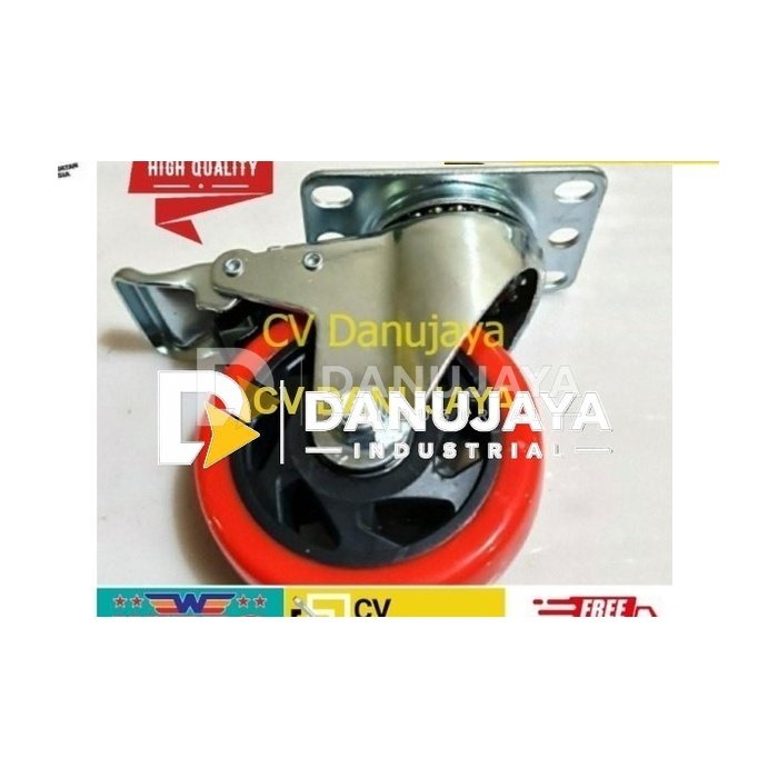 Roda Troli Pu Merah Double Bearing Medium Duty 4 inch Rem