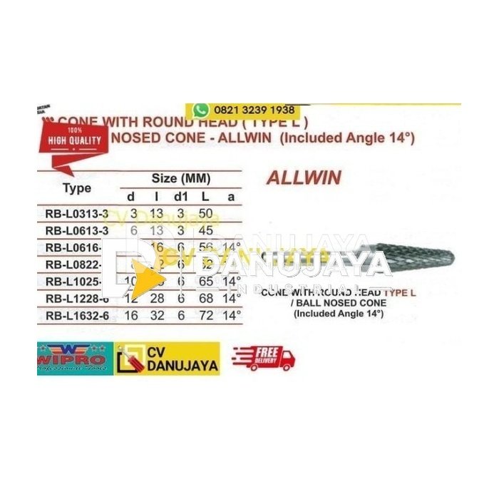Rotary Burr Bur Cone With Round Head RB-L1025-6 Type L - ALLWIN