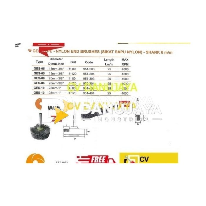 Sikat Sapu Nylon 15mm3/8" Grit 80 Shank 6 mm Kinik GES05