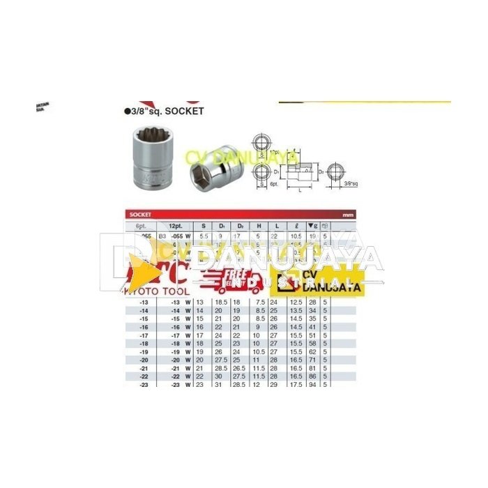 Socket Mata Kunci Standard Chrome Sq. 3/8" 12Pt Size 6mm KTC B3-06W