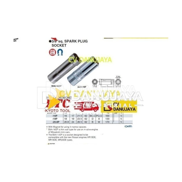 Spark Plug Socket Sock Shock Mata Kunci Sq. 3/8" size 13mm KTC B3A-13P
