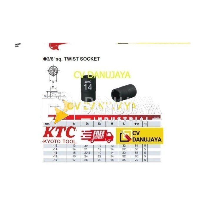 Twist Socket Sock Shock Mata Kunci Sq. 3/8" Size 8mm KTC B3TW-08