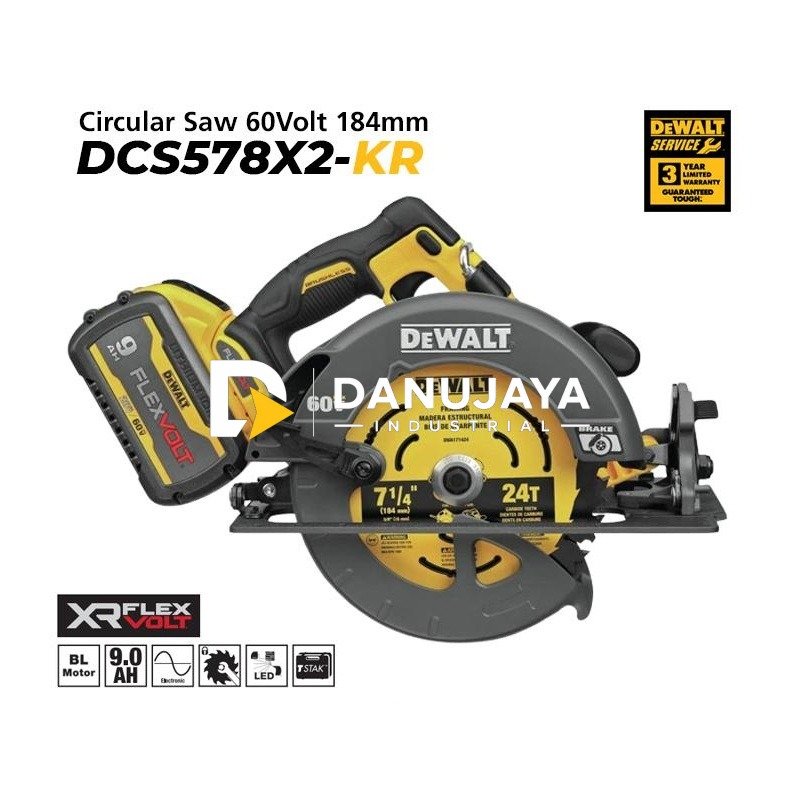Dewalt Brushless Circular Saw / Gergaji Sirkel Baterai 54/60 Volt (Max) 184mm DCS578X2-KR
