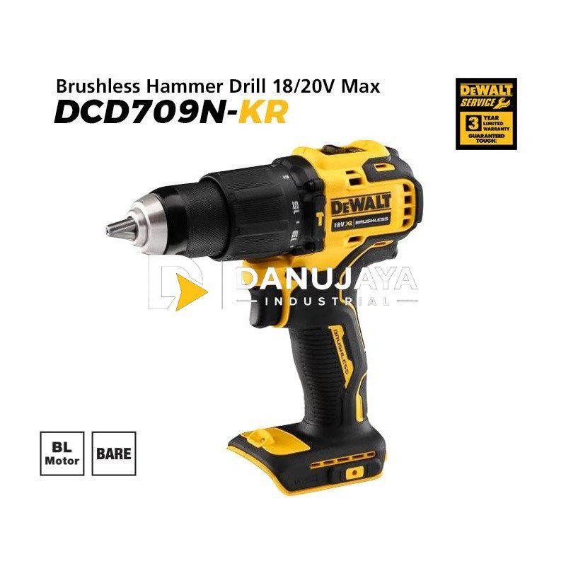 Dewalt Brushless Hammer Drill / Bor Tembok Baterai 18/20V max 13mm DCD709N-KR (Unit Only)