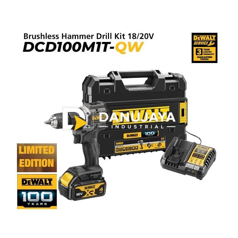 Dewalt Brushless Hammer Drill Kit Edition Grey 100TH/ Bor Tembok Baterai 18/20V 4.0Ah DCD100M1T-QW