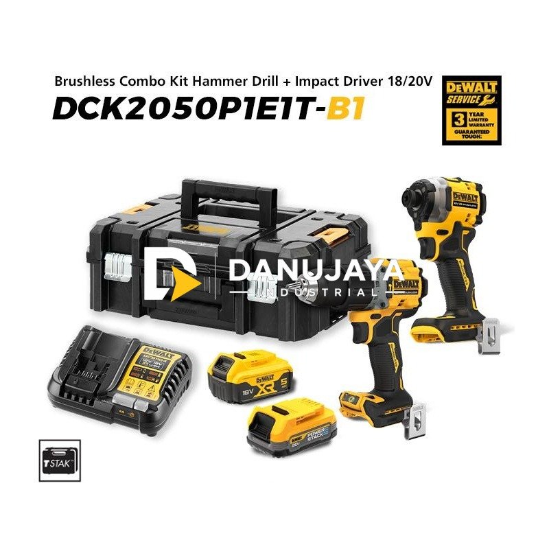 Dewalt Brushless Combo Kit Hammer Drill (DCD805) + Impact Driver (DCF850) 18/20V Max DCK2050P1E1T-B1