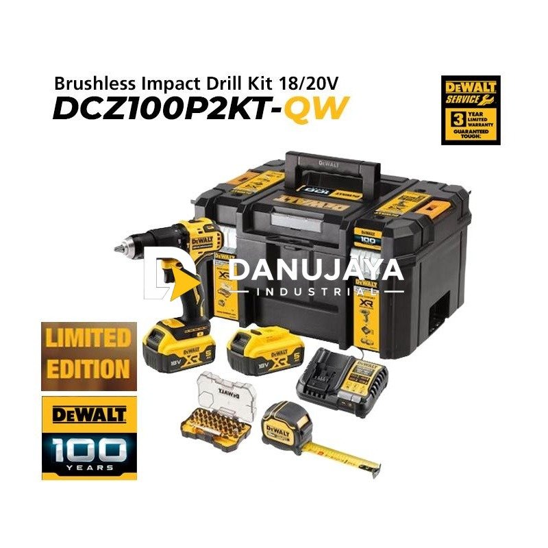 Dewalt Brushless Impact Drill Kit Edition 100th / Bor Impact Baterai 18/20V (max) DCZ100P2KT-QW