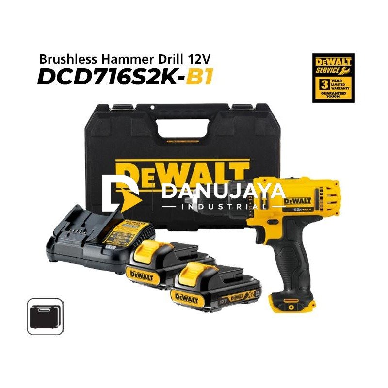 Dewalt Brushless Hammer Drill / Bor Tembok Baterai 12V 1.5Ah DCD716S2K