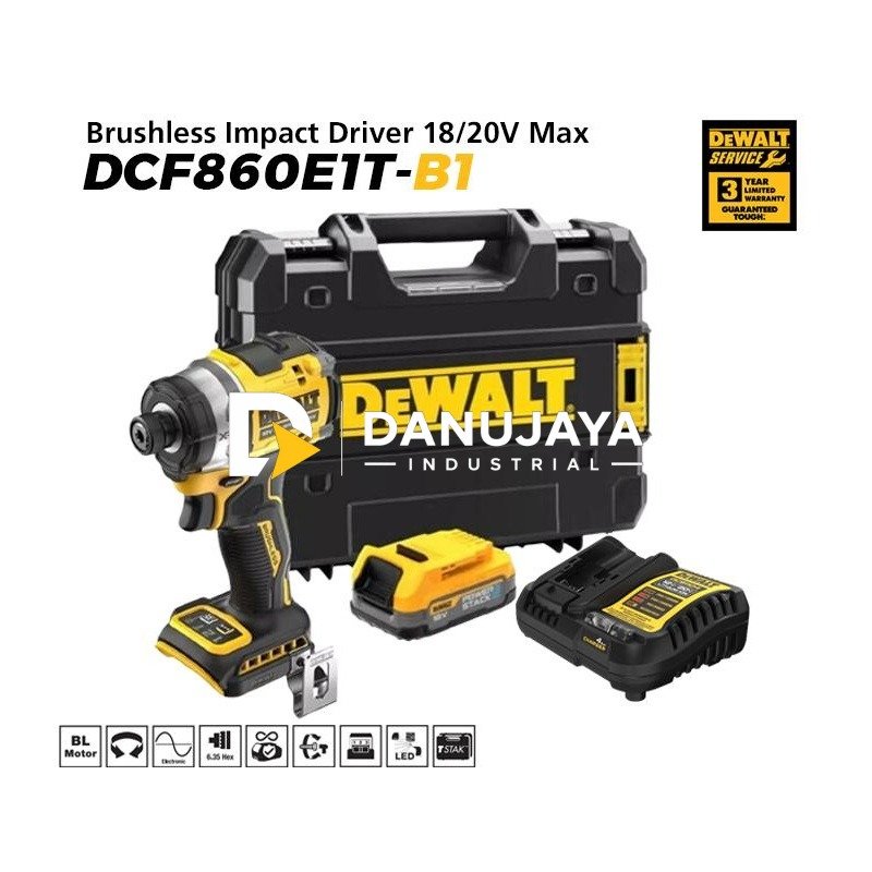 Dewalt Brushless Impact Driver Kit / Obeng Impact 18/20V Max 282Nm DCF860E1T-B1