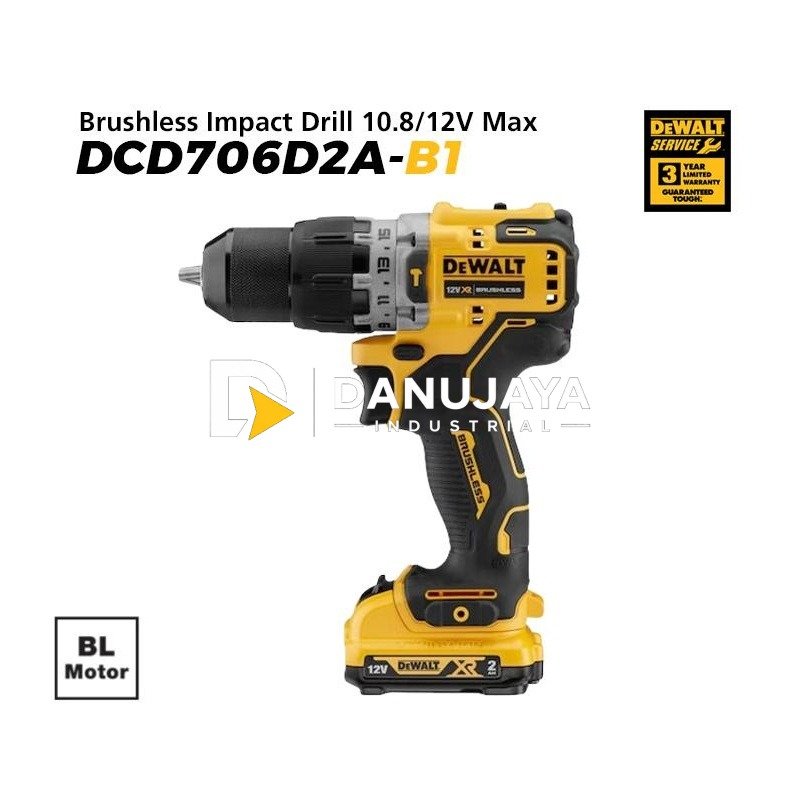 Dewalt Brushless Impact Drill / Bor Tembok Baterai 10.8/12V Max 13mm DCD706D2A-B1