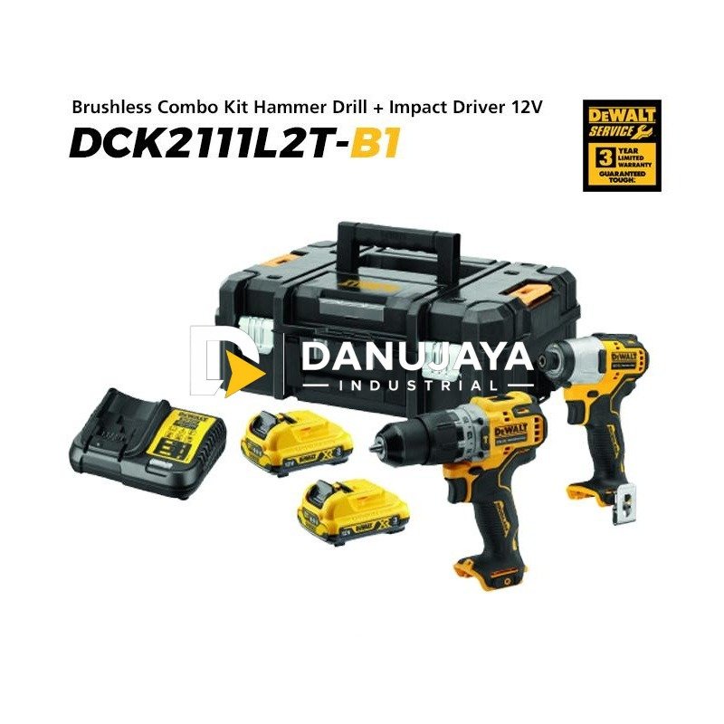 Dewalt Brushless Combo Kita Hammer Drill (DCD706) + Impact Driver (DCF801) 10.8/12V Max DCK2111L2T-B1