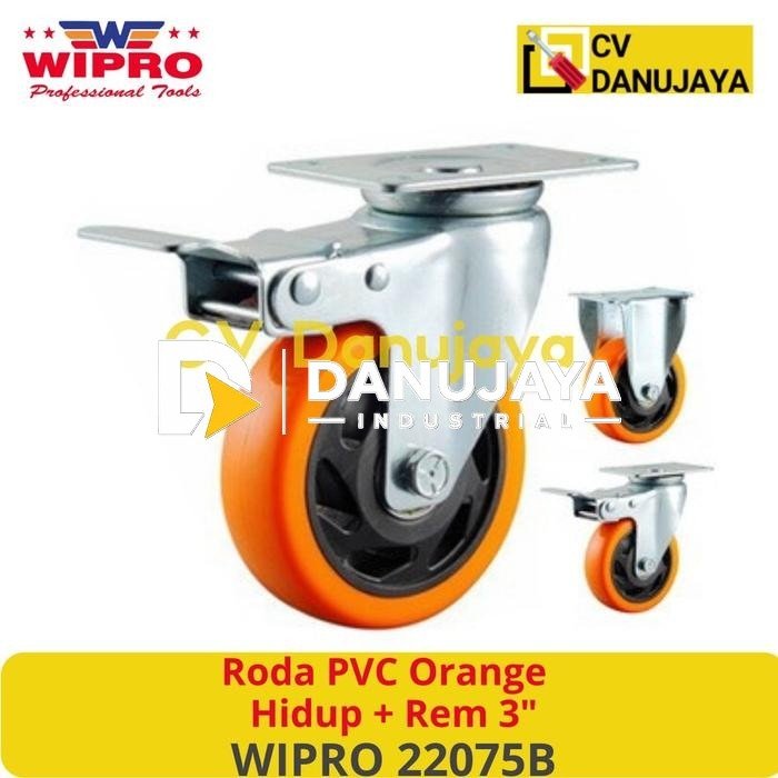Roda Trolley Troli PVC Orange Swivel Brake Hidup + Rem 5" inch WIPRO 22125B