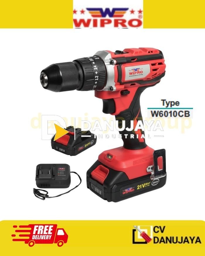 Bor Listrik Impact Cordless 21V Set 24Pcs W6010CB Mesin Bor tangan Baterai Beton Besi Kayu 10mm Multifungsi High Power - 2 Baterai + Koper