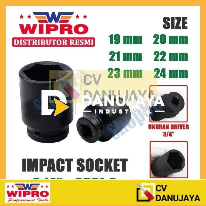 Wipro Mata Kunci Shock Impact Sok Sock 3/4" 6PT 19 20 21 22 23 24 mm - 19 mm