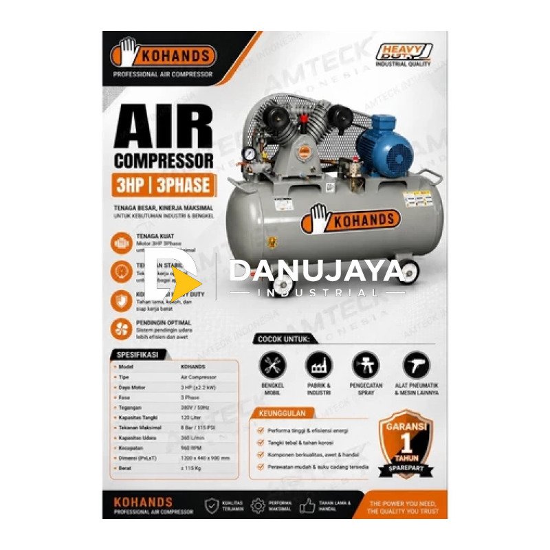 Kompresor Angin Kohands 3 HP 3 Phase 380V 120 Liter Heavy Duty Air Compressor Industri Bengkel Pabrik made in korea
